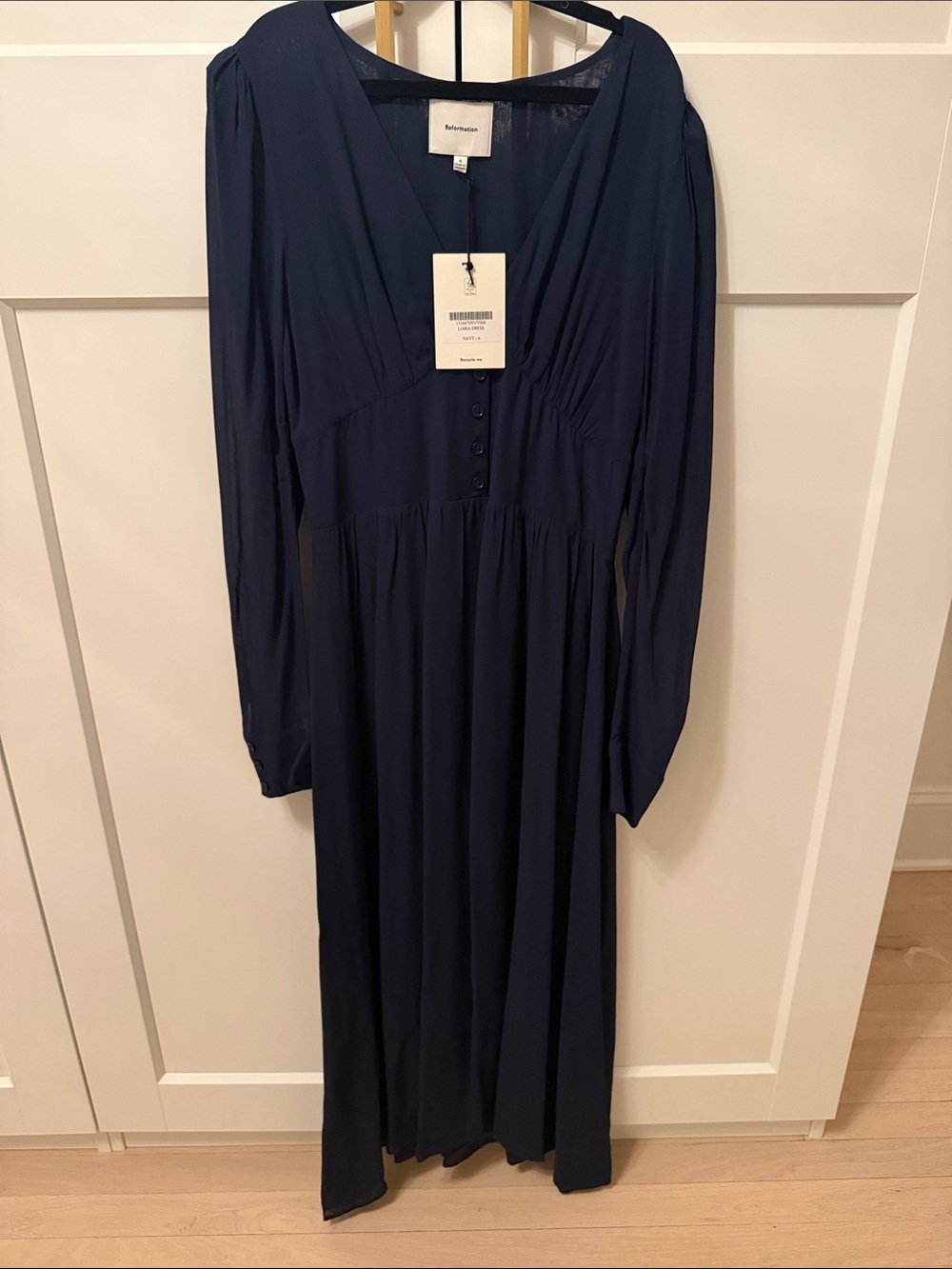 Reformation Liara Long Sleeve V-Neck Navy Women's Dress